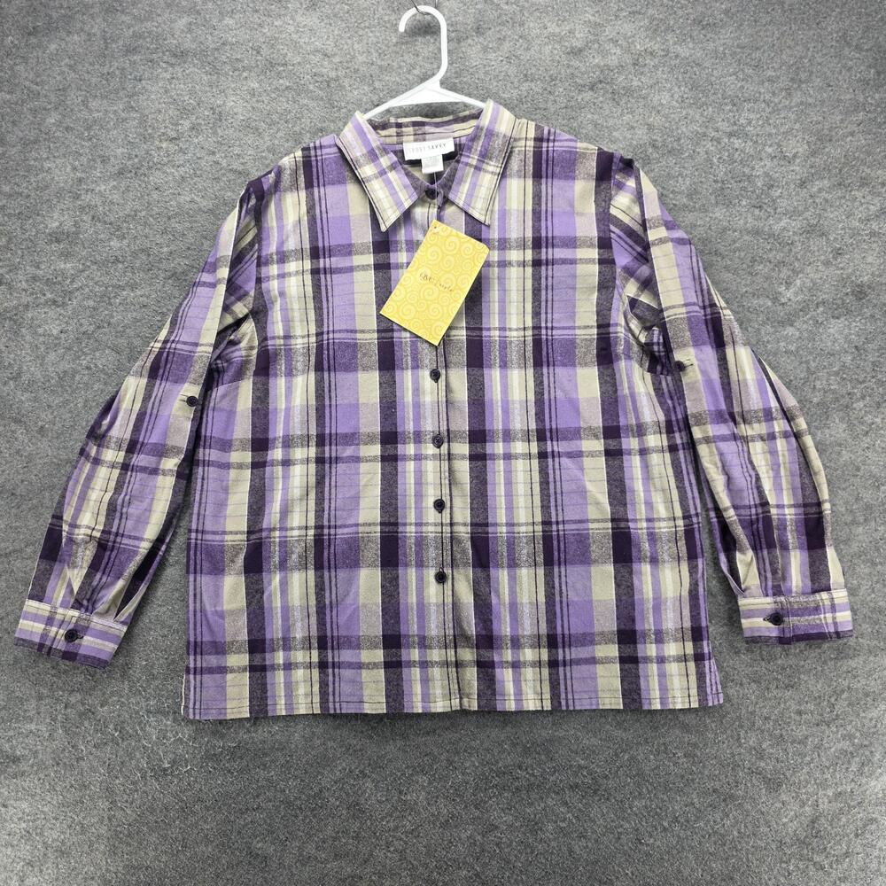 Sport Savvy Shirt Womens Large Purple Plaid Silk Blend Button Up QVC Style New